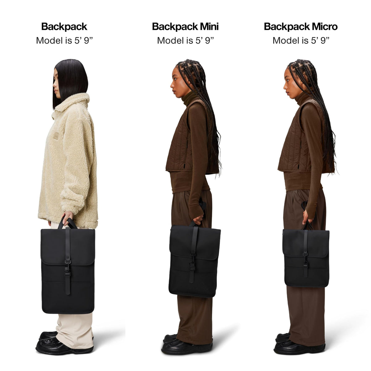backpack rains mini Mini, Black Waterproof Laptop Bag for Women and Men, Small | Small waterproof backpack in black with a 15 in laptop pocket, flap, and carabiner making it a practical choice for any adventure. RAINS Backpack Mini BrandsWalk
