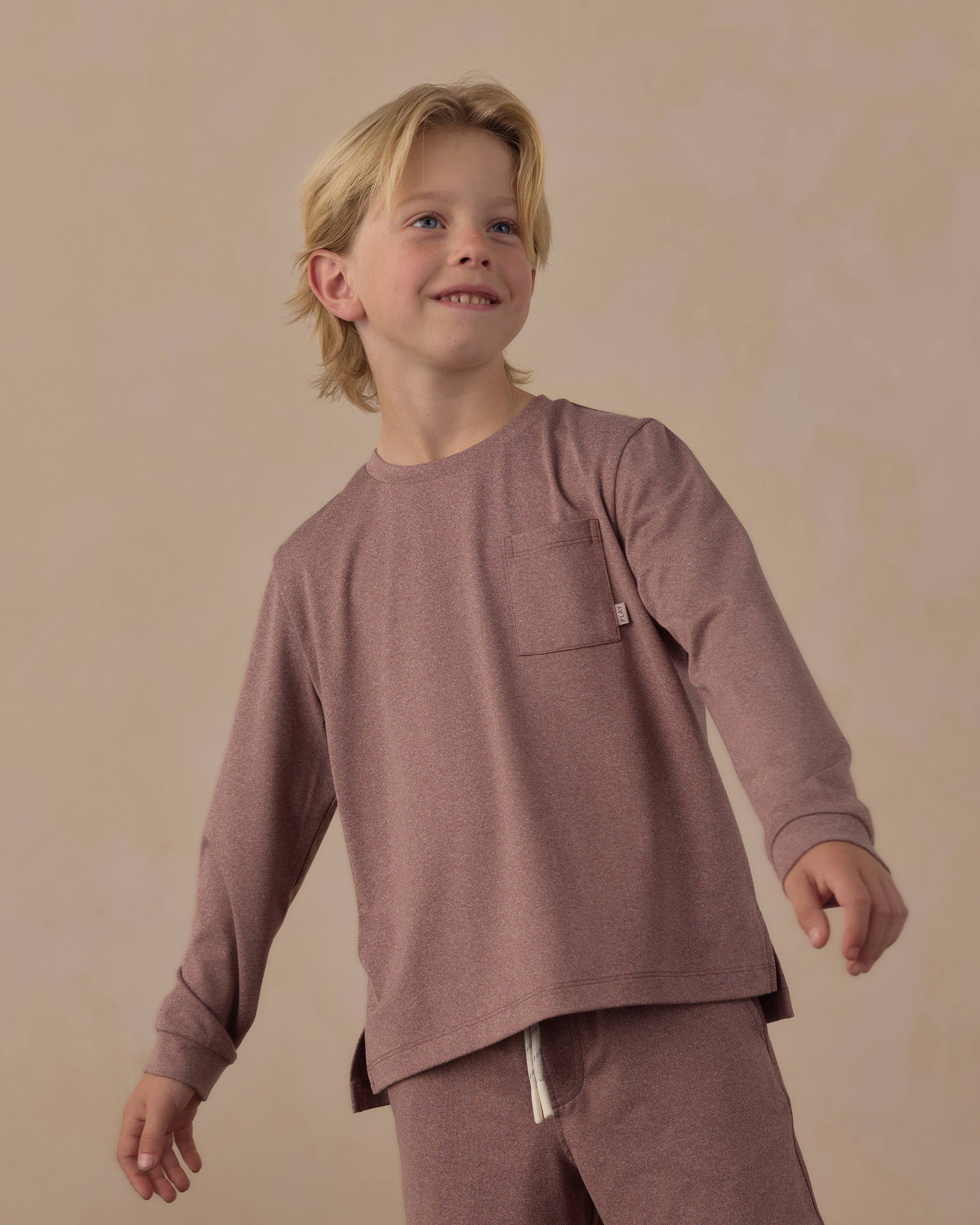 Rylee and Cru Long Sleeve Pocket Tee Heathered Mulberry 6-7Y