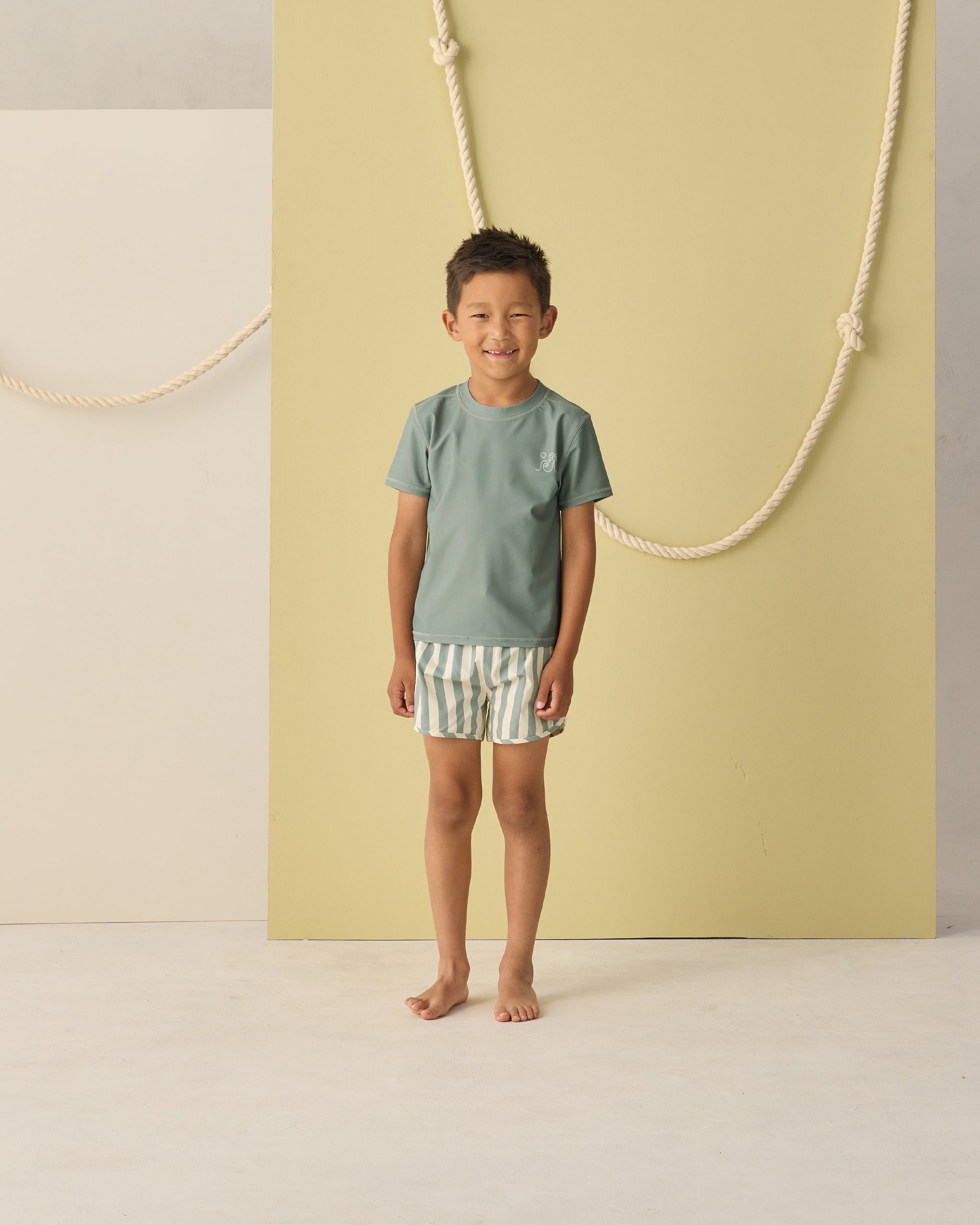Rylee + Cru Swim Trunk || Green Stripe 12-18M
