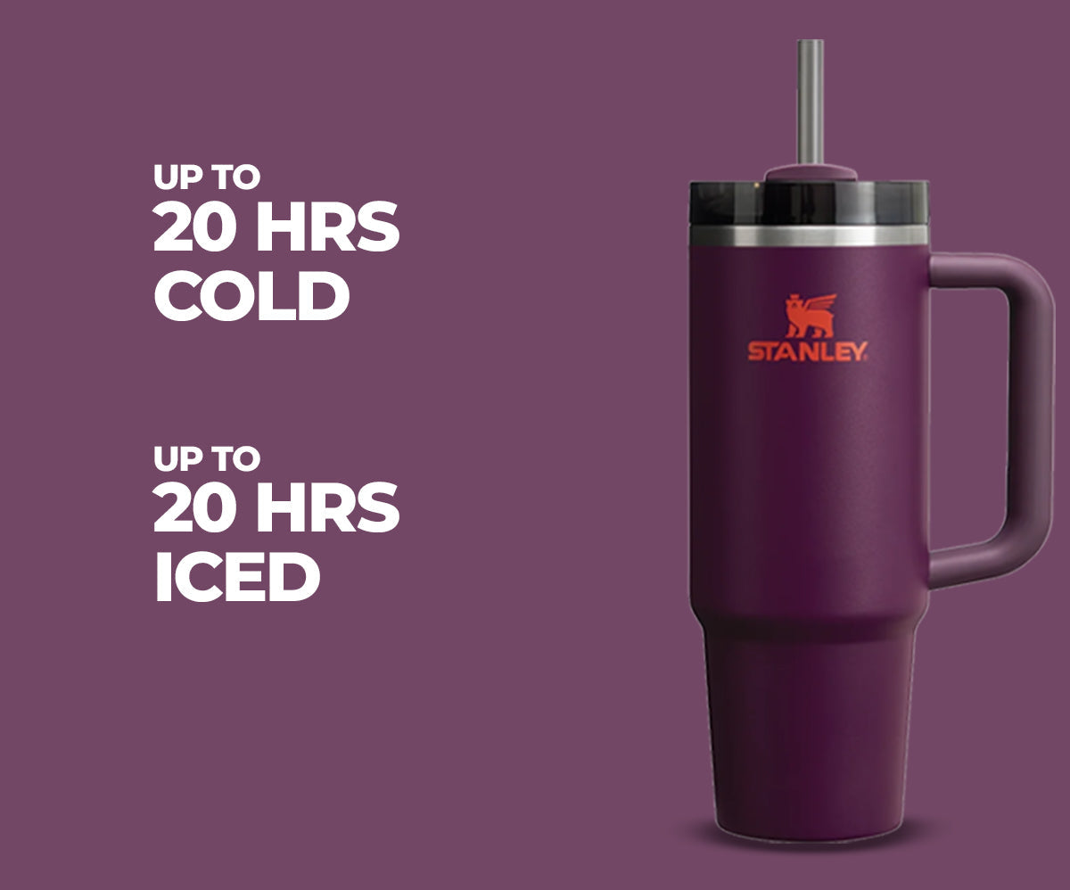 Purple Stanley mug with a straw on a purple background, featuring text about temperature retention.