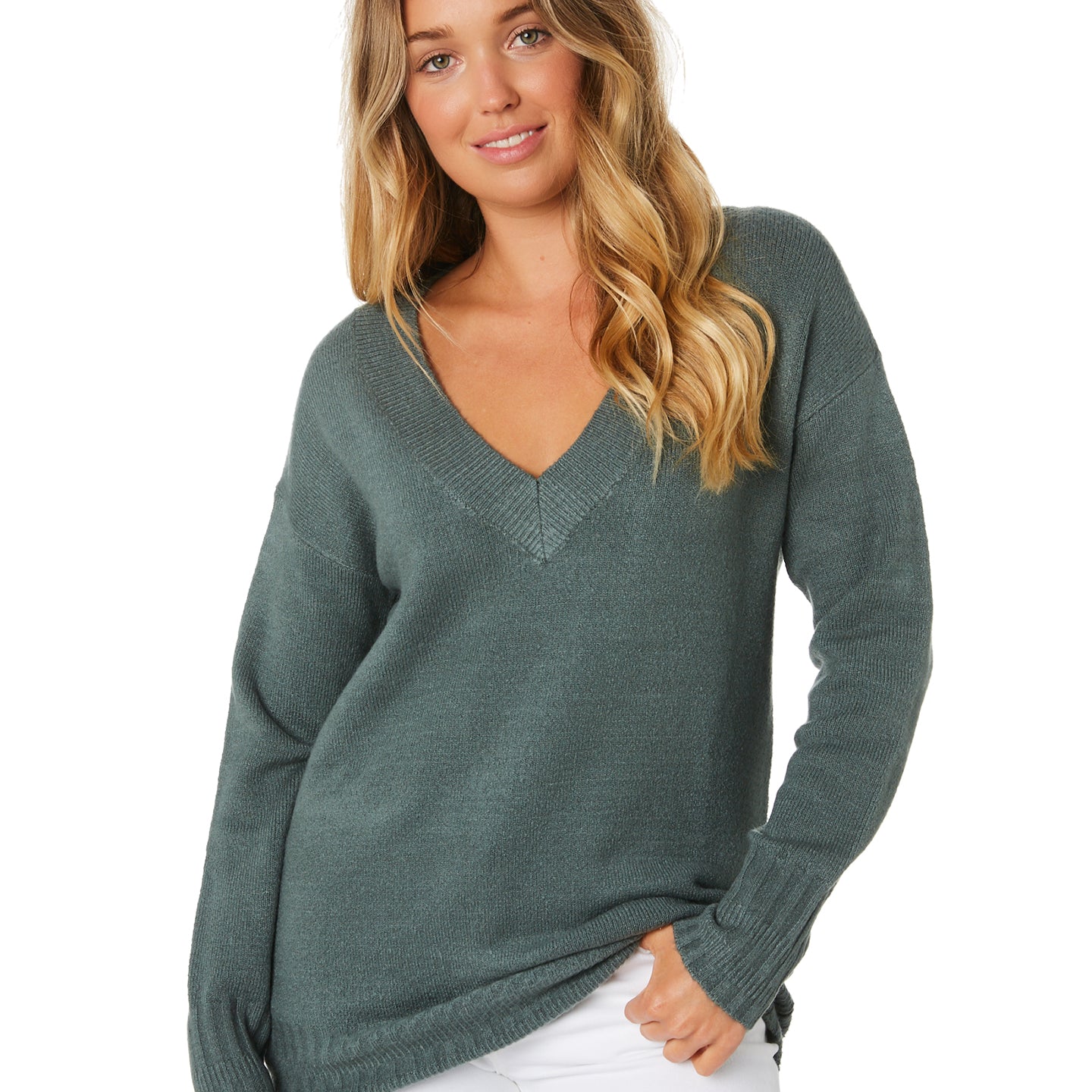 Rusty Together Vee Nick Knit Sweater EVG-Evergreen XS