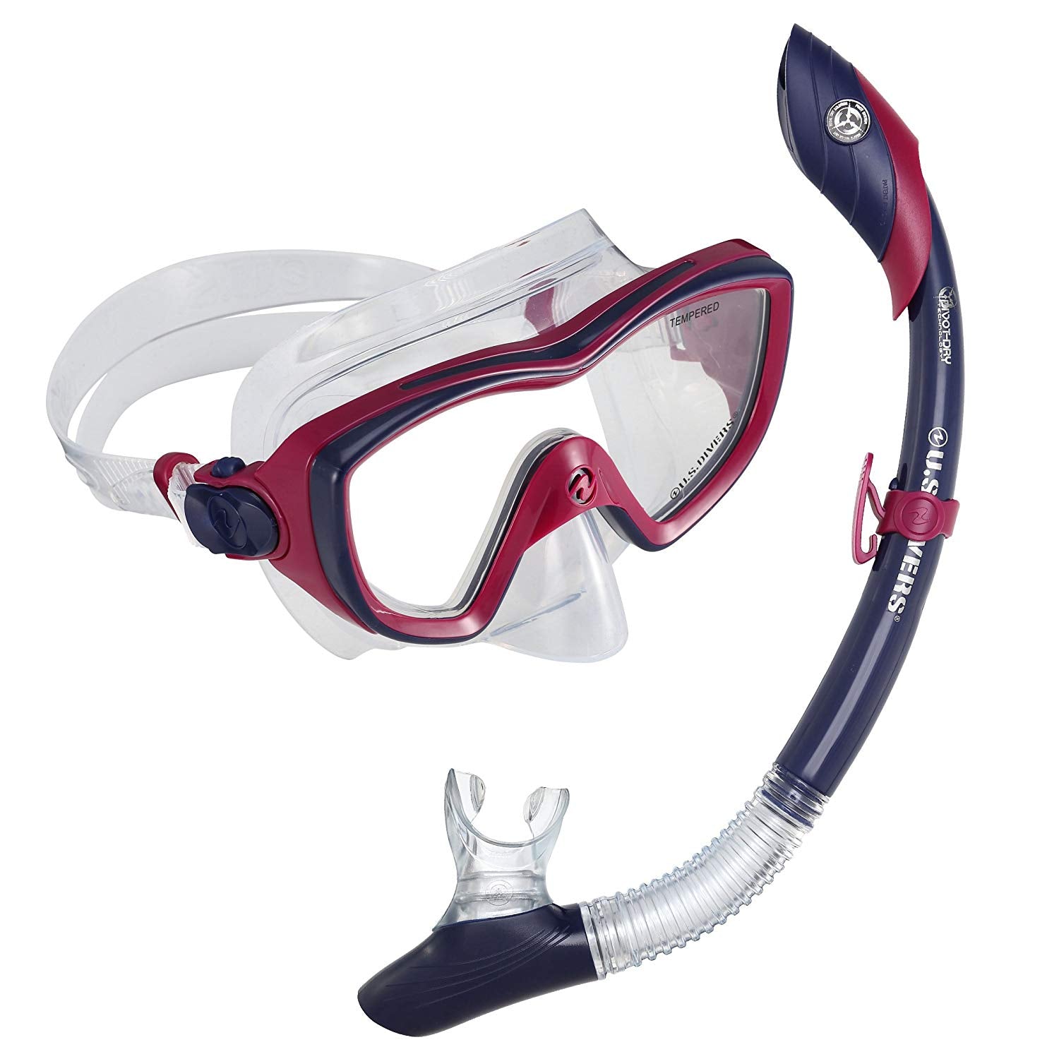 US Divers Diva 2 LX/Island Dry Mask and Snorkel Set Red/Blueberry