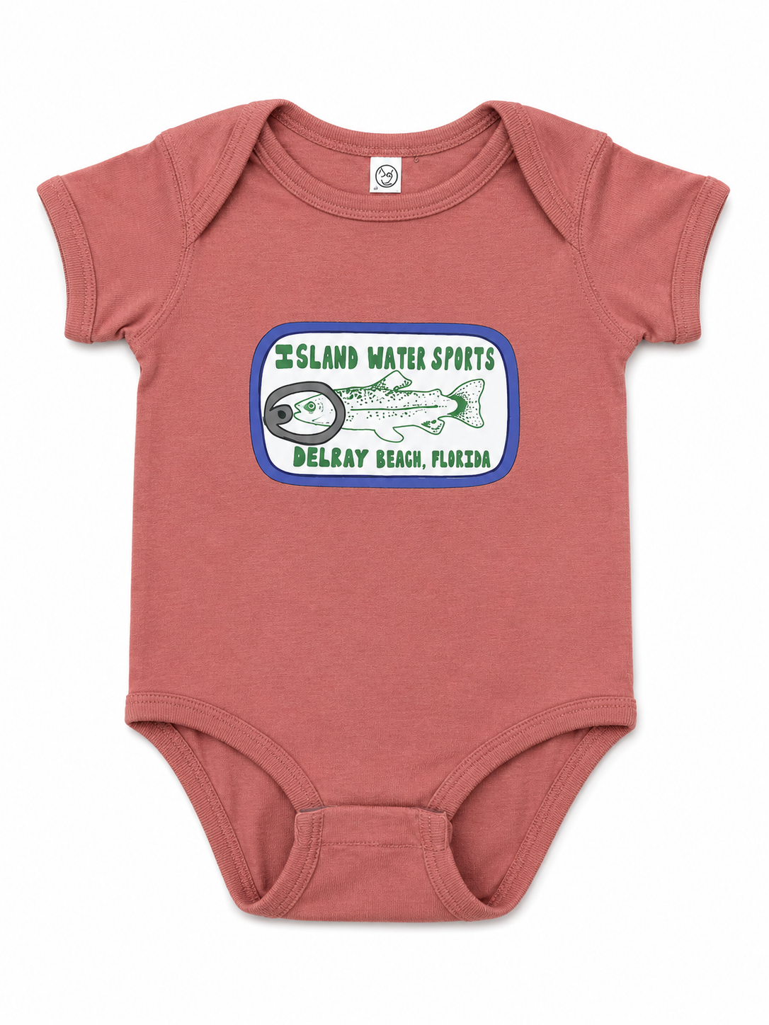 Island Water Sports Delray Beach Sardine Can Baby Onesie  Mauve 6M