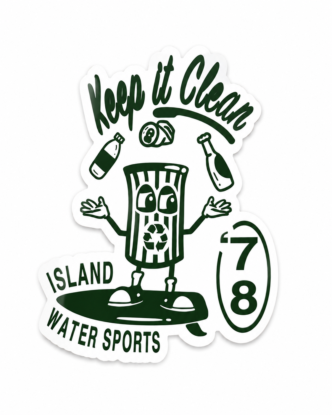 Island Water Sports Keep It Clean Sticker GRN/WHT 3"x4"