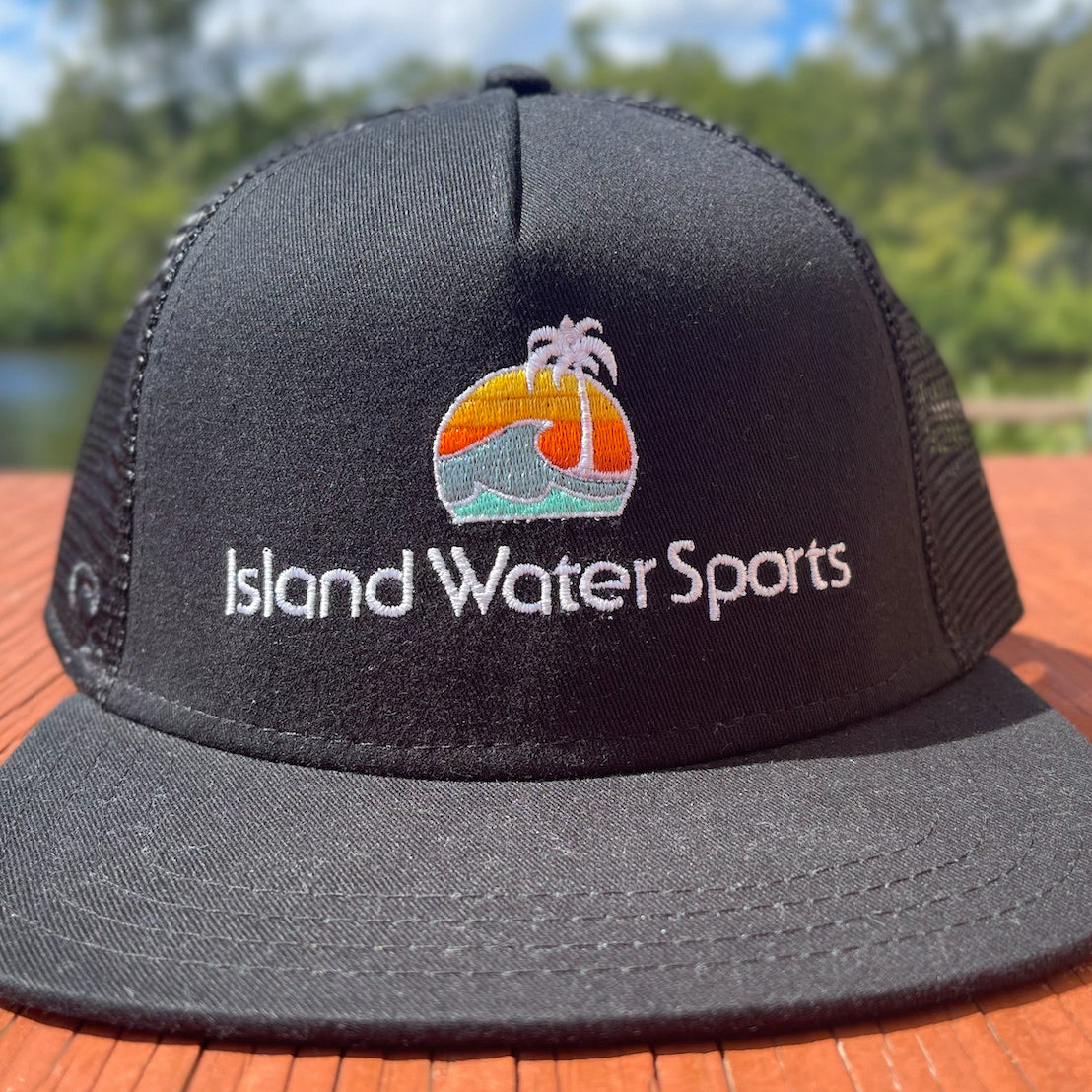 Island Water Sports Sunrise Palm Trucker Hat Black OS