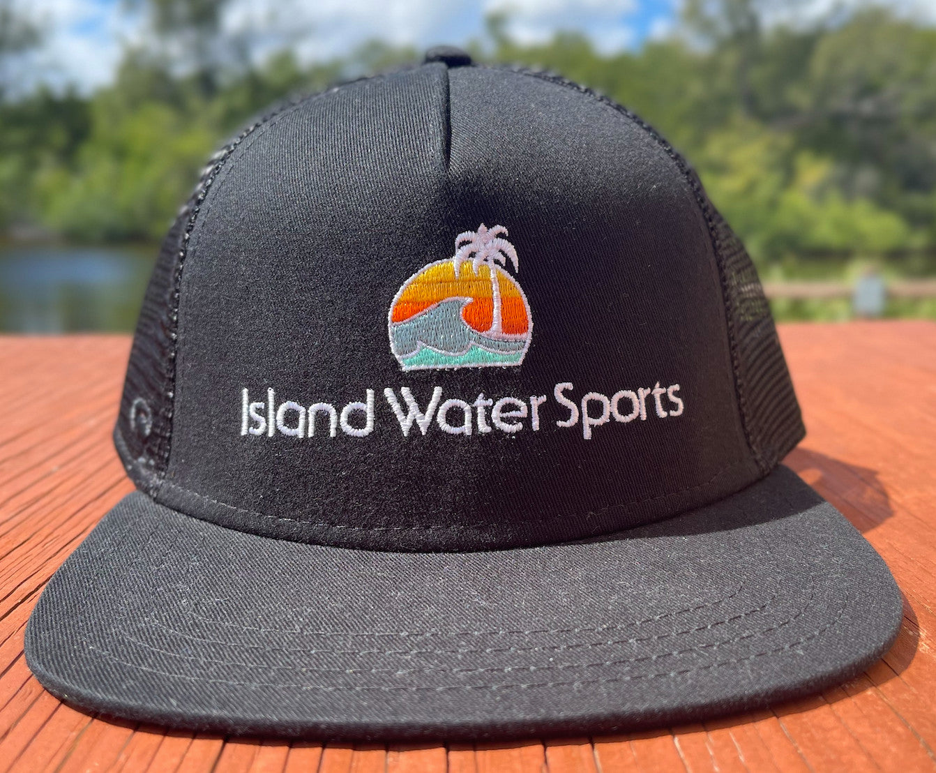 Island Water Sports Sunrise Palm Trucker Hat Black OS