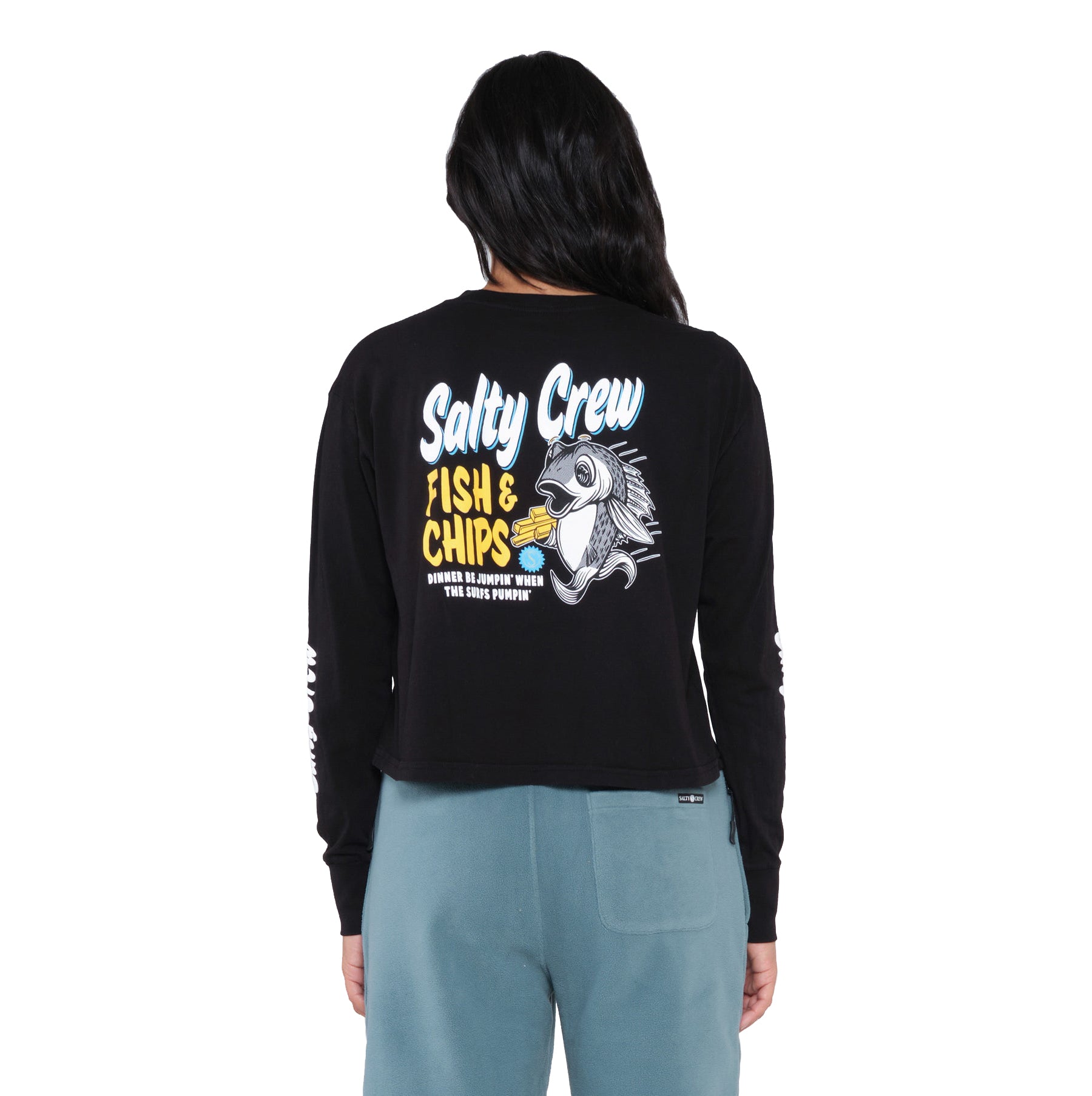 Salty Crew Fish and Chips Crop LS Tee  Black L