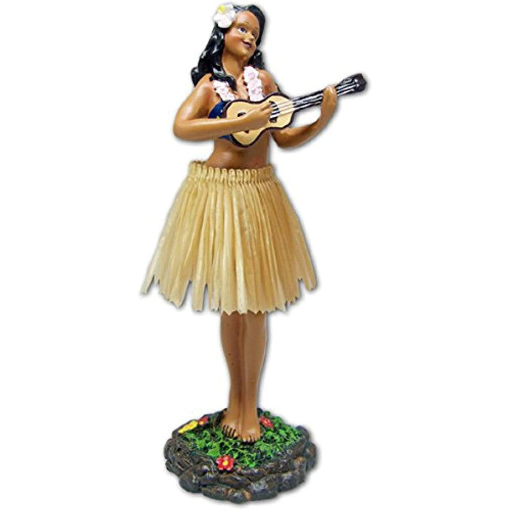 KC Hawaii Leilani Hula Girl with ukulele Natural Skirt 7" Dashboard Doll