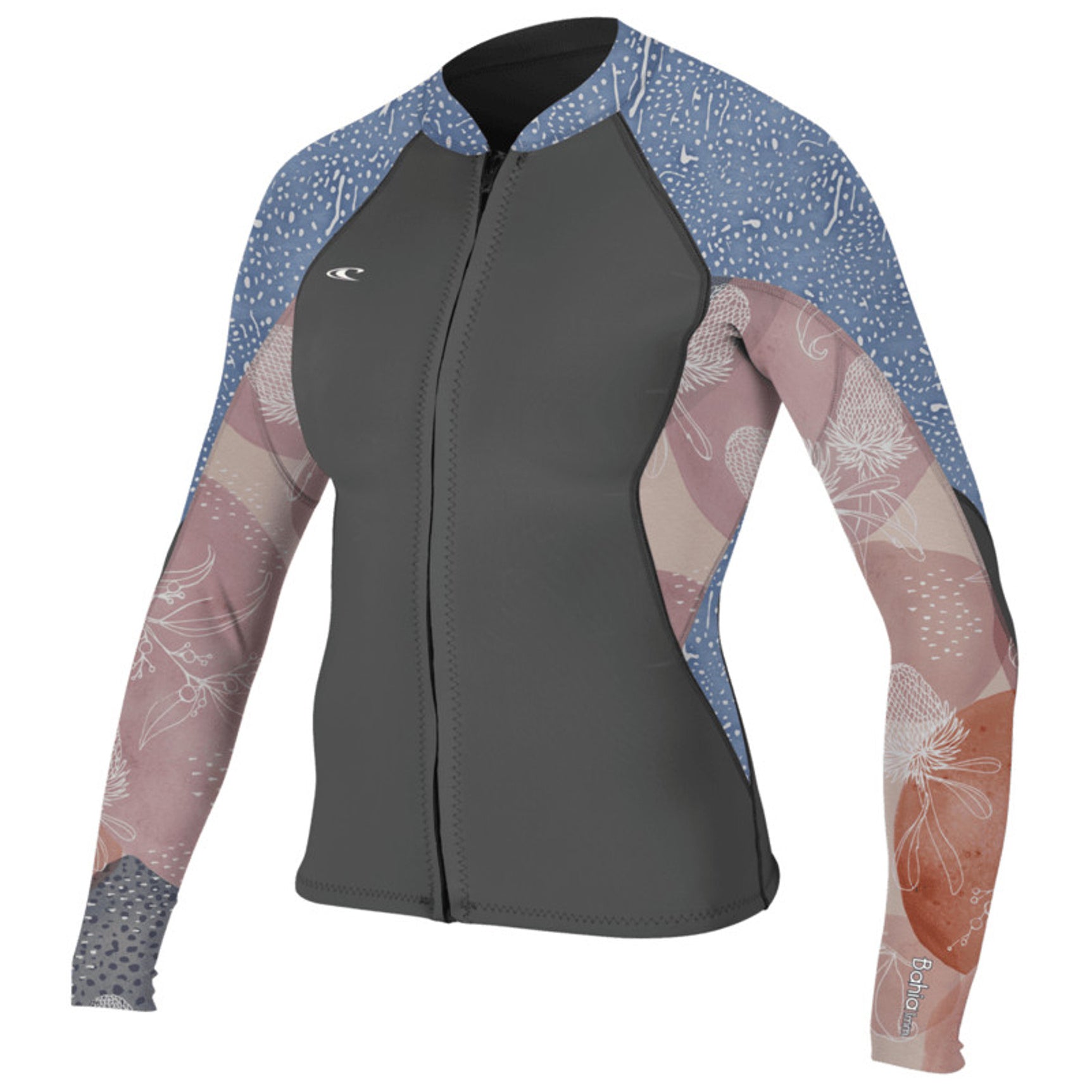 O Neill Bahia 1.5mm Womens Front Zip Wetsuit Jacket HJ2-Graphite-Desert Bloom-Drift Blue 12