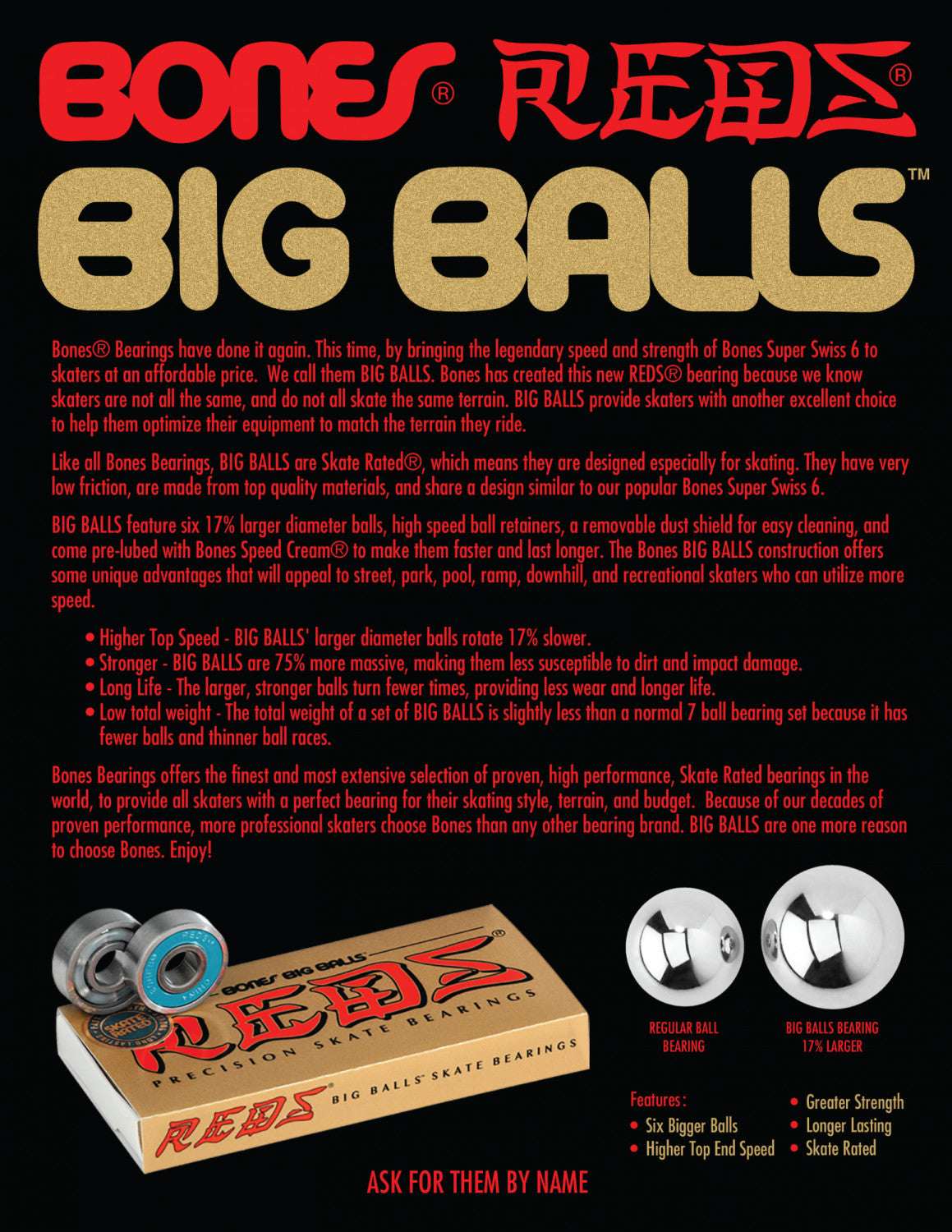 Bones Reds Big Balls Skateboard Bearings, Set of 8